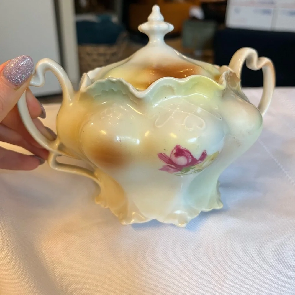 Antique 1920 German Rare Art Nouveau Floral Porcelain Sugar Pot Heart Handles